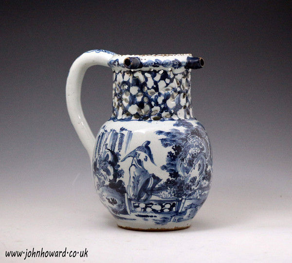 Antique English delftware puzzle jug with rare chinoserie scenes early c1760