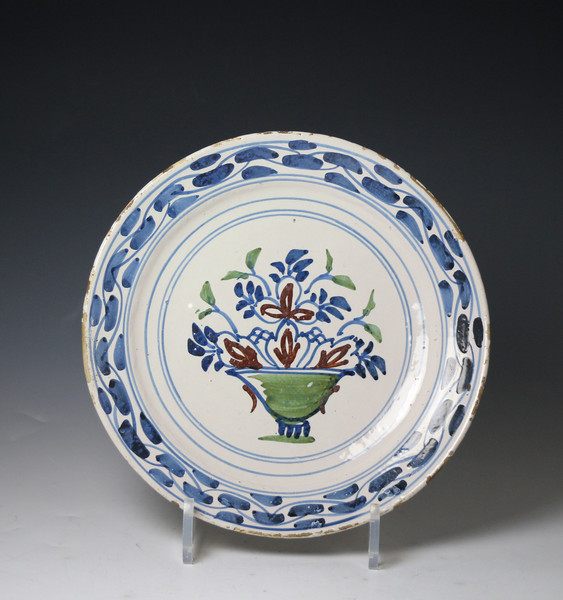 English delftware polychrome decorated plate Bristol pottery circa 1740 period