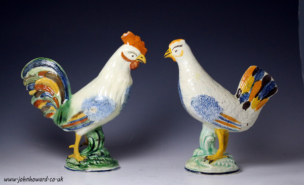  Prattware pottery figures of a rooster and hen, English  early 19th century.