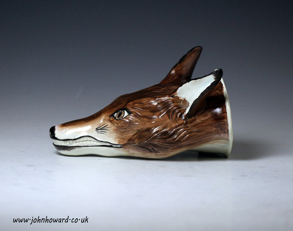 Staffordshire pearlware pottery fox head stirrup cup. Antique period early 19thc