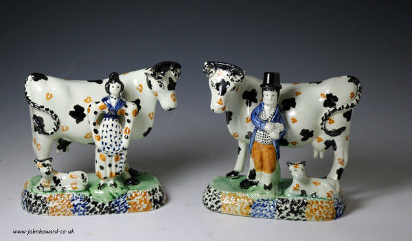 Yorkshire pottery cows with attendant figures in Pratt colours. c1820