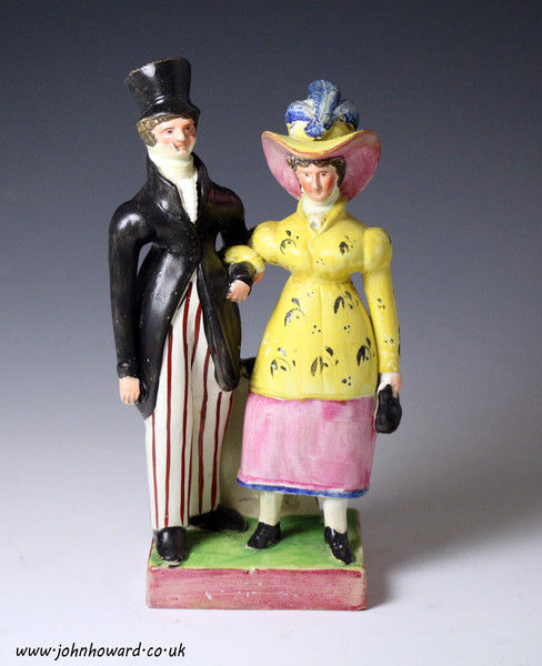 Staffordshire pottery pearlware figures of the Dandies, early 19th century English.