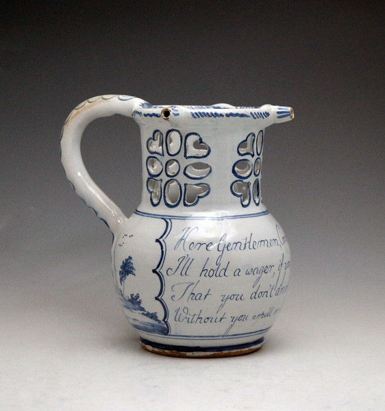 Antique period English delftware pottery puzzle jug  circa 1760