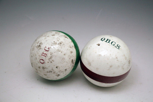 Pair of Scottish Pottery Carpet balls, with initials related to the Royal Company of Archers, The Queens Body Guard Scotland.