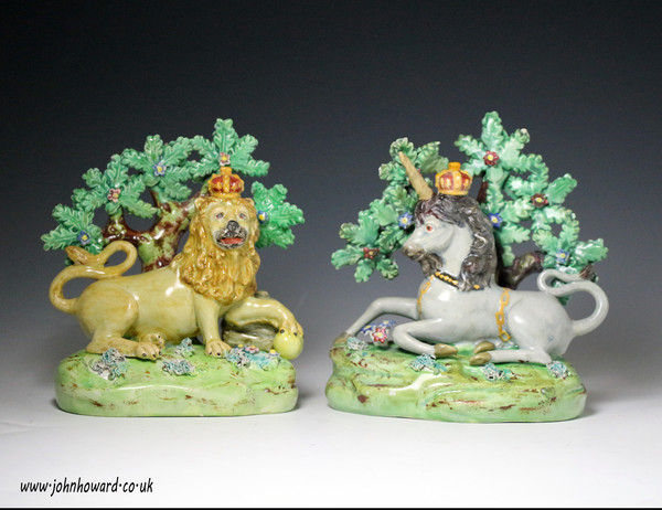 Antique Staffordshire pearlware figures of the Lion and Unicorn by John Walton c 1820