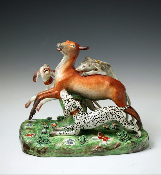 Deer hunted by three dogs Staffordshire pearlware pottery figure antique period early 19thc.