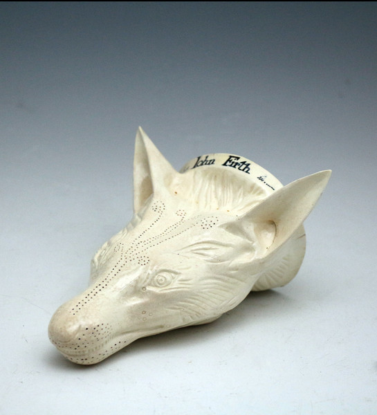 Antique English creamware pottery fox head stirrup cup named  JOHN FIRTH. c1775