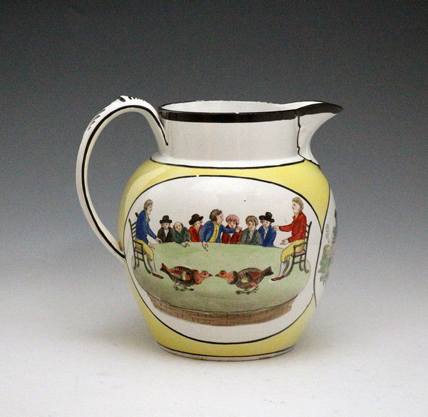 Antique Staffordshire pottery pitcher with Cock Fighting hand painted decoration early 19th century