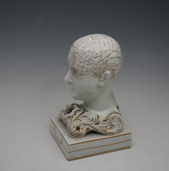 Antique English ceramic Phrenology head quill or pen and ink holder circa 1845