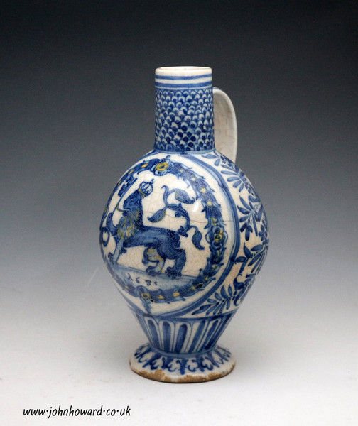 Potuguese tin glaze ewer in blue with polychrome decoration dated 1635