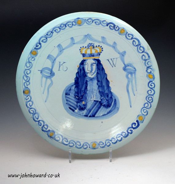 English Delftware Royal Portrait Charger of  King William 111 , Brislington Bristol England late 17thc