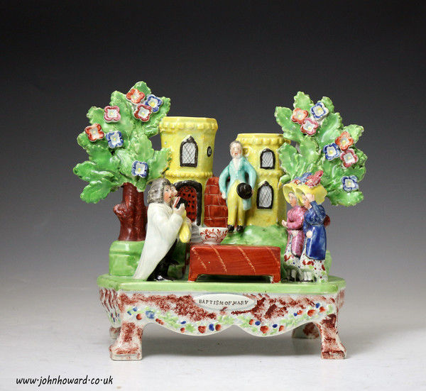 Staffordshire pottery table base figure group  BAPTISM OF MARY 