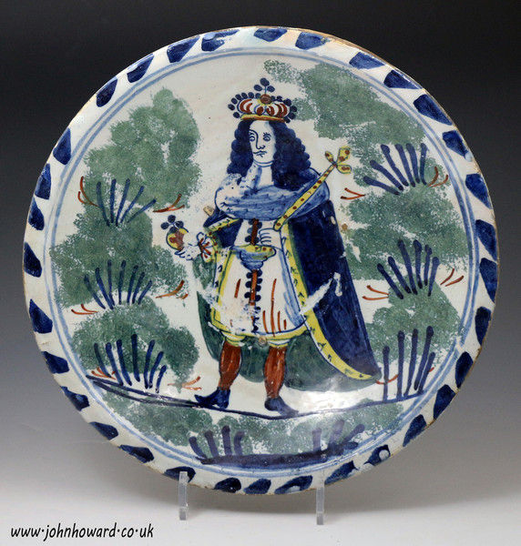 English delftware pottery blue dash delft charger with portrait of King George II