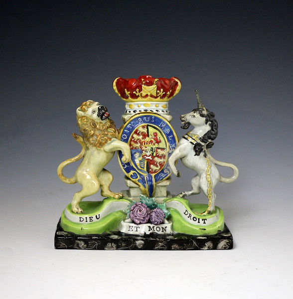 Royal Armorial, lion and unicorn Staffordshire pearlware Walton pottery circa 1820