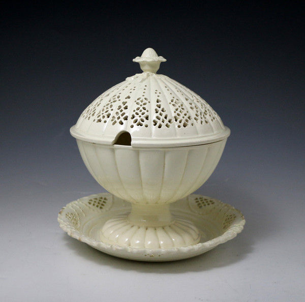 Antique English creamware pottery comport, reticulated cover and stand late 18th century