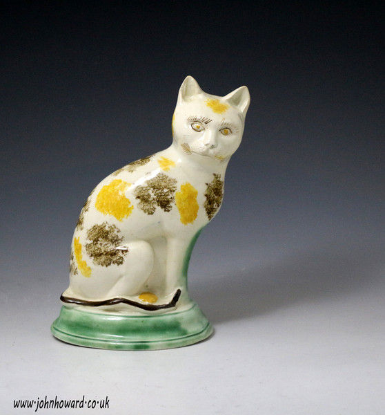 Antique English pottery figure of a seated cat with underglaze colours c1780 period  ,Staffordshire