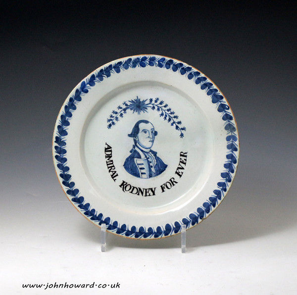 English delftware pottery plate with portrait of Admiral Rodney exceptionally rare, late 18th century