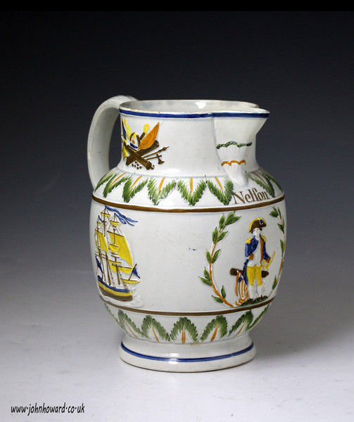 Antique English pottery prattware commemorative pitcher celebrating  Nelson and Britannia 