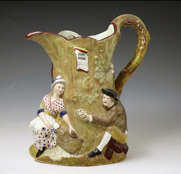 Fair Hebe pottery pitcher relief moulded and impressed WOOD , Staffordshire late 18th century period.