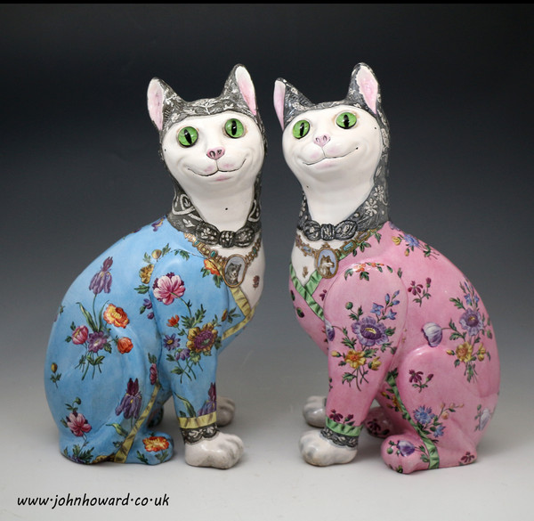 Pair of antique  Emile Galle pottery comical cats circa 1900