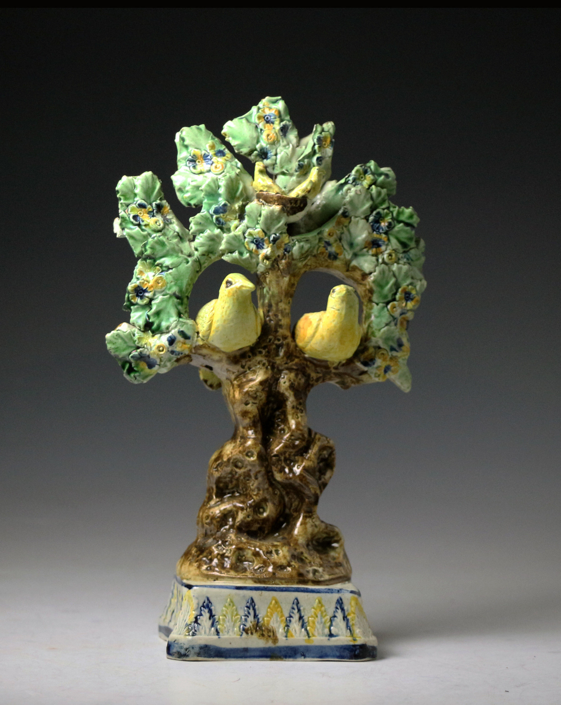 Early English Prattware  pottery figure of birds in tree branches with leaves and nest c1790/1800 period