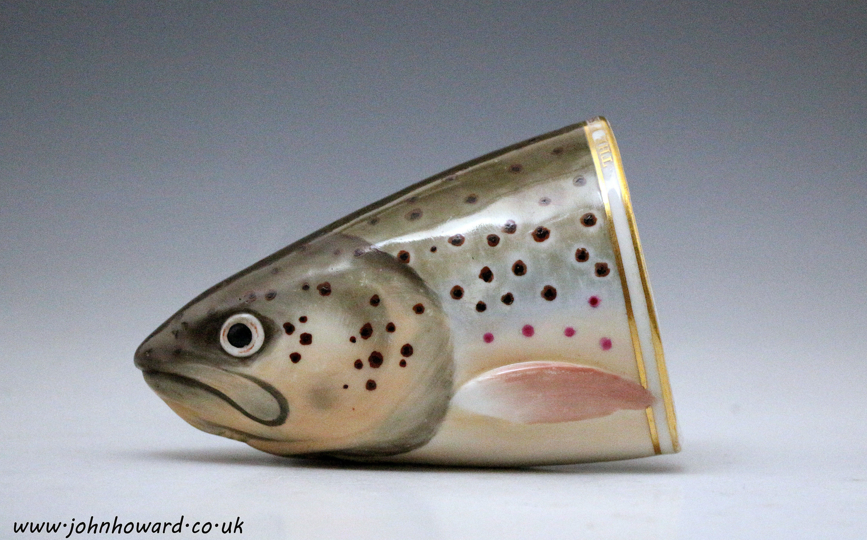 Derby Porcelain stirrup cup in the form of a trout's head inscribed 
