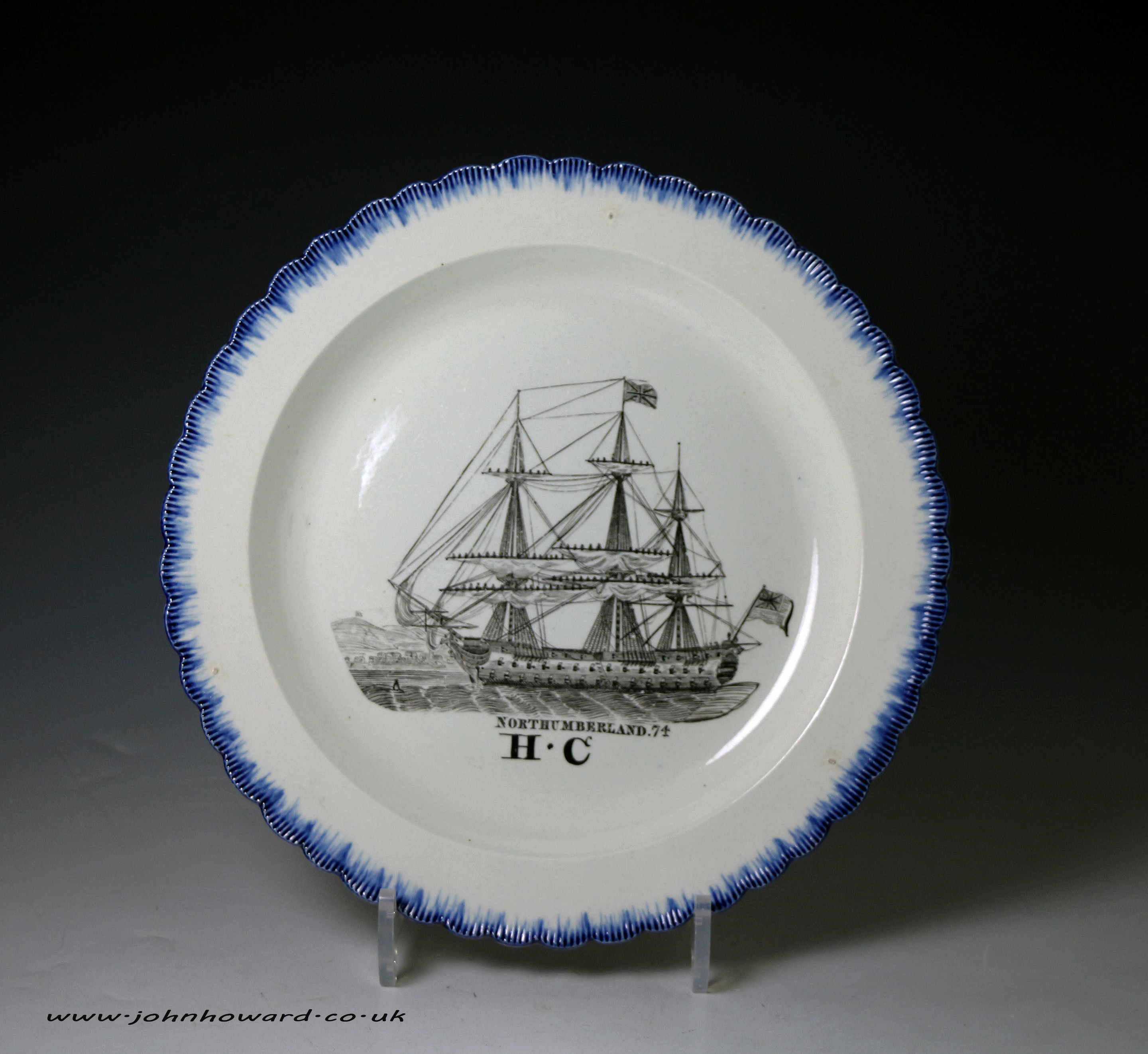 HMS. Northumberland Ship plate with blue shell edge border by Dixon Austin Sunderland circa 1815