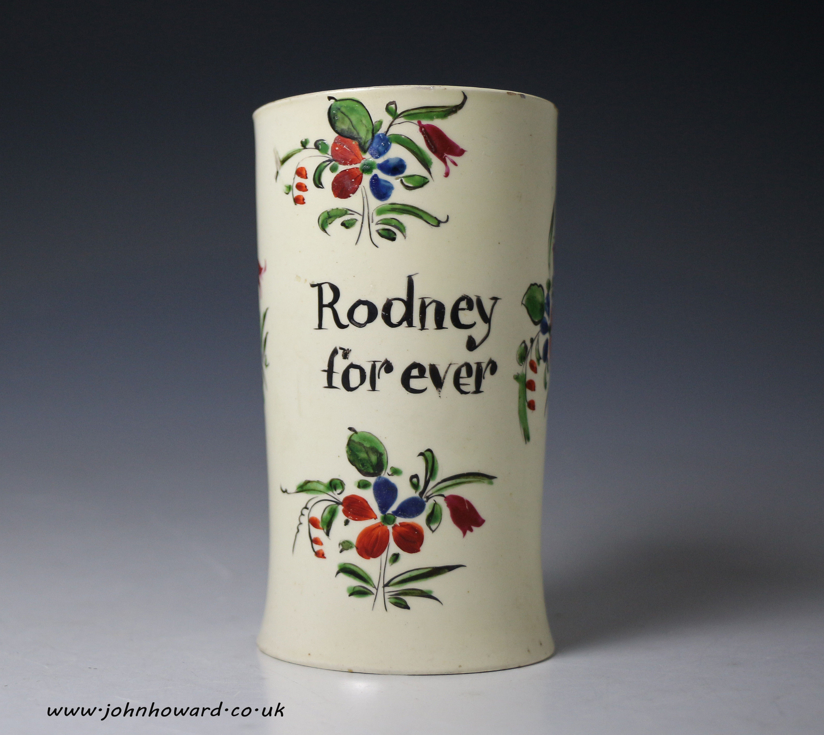 English creamware pottery tankard with inscription RODNEY FOR EVER. Late 18th century