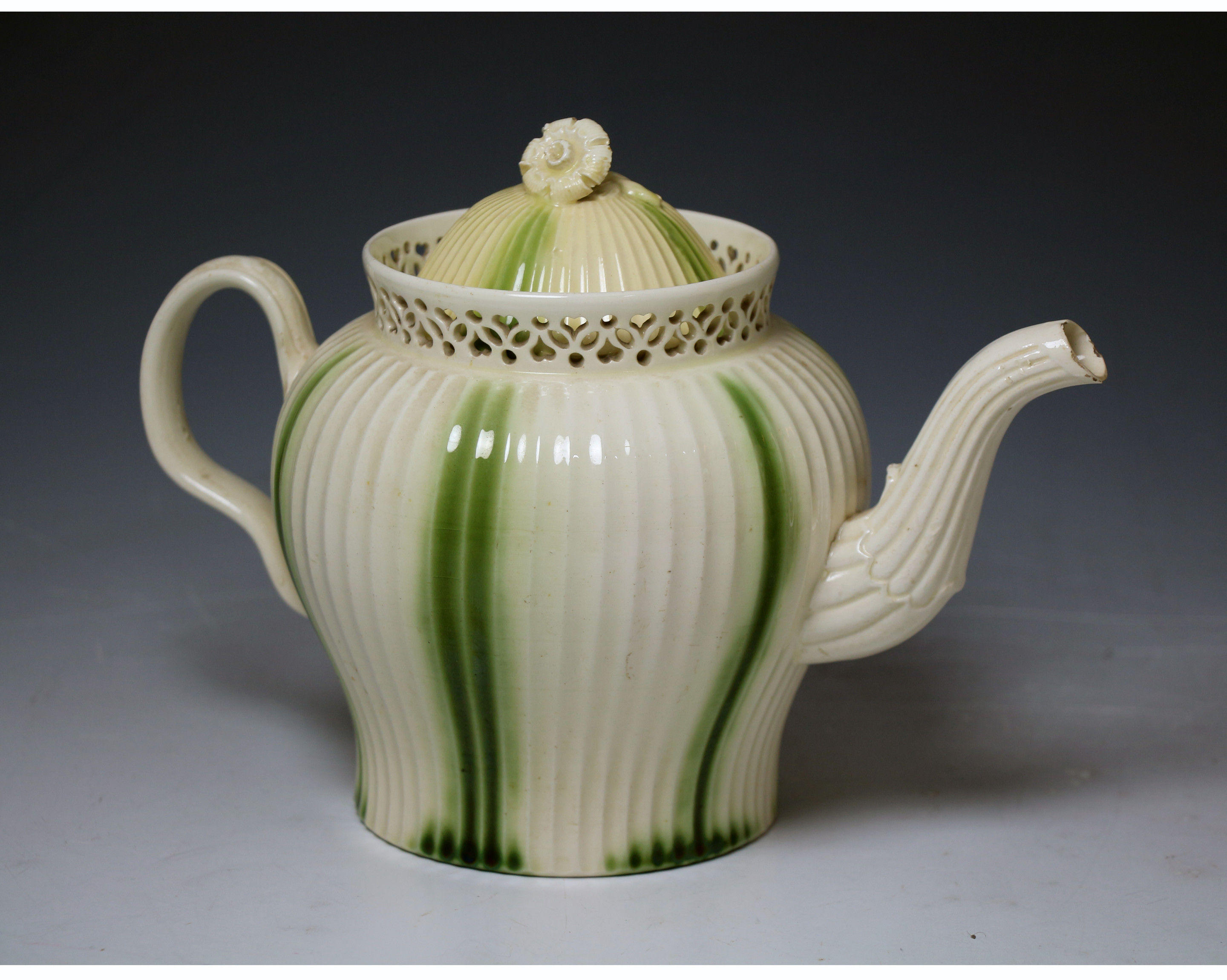 Antique Creamware Leeds Pottery teapot  with green glaze stripes circa 1770