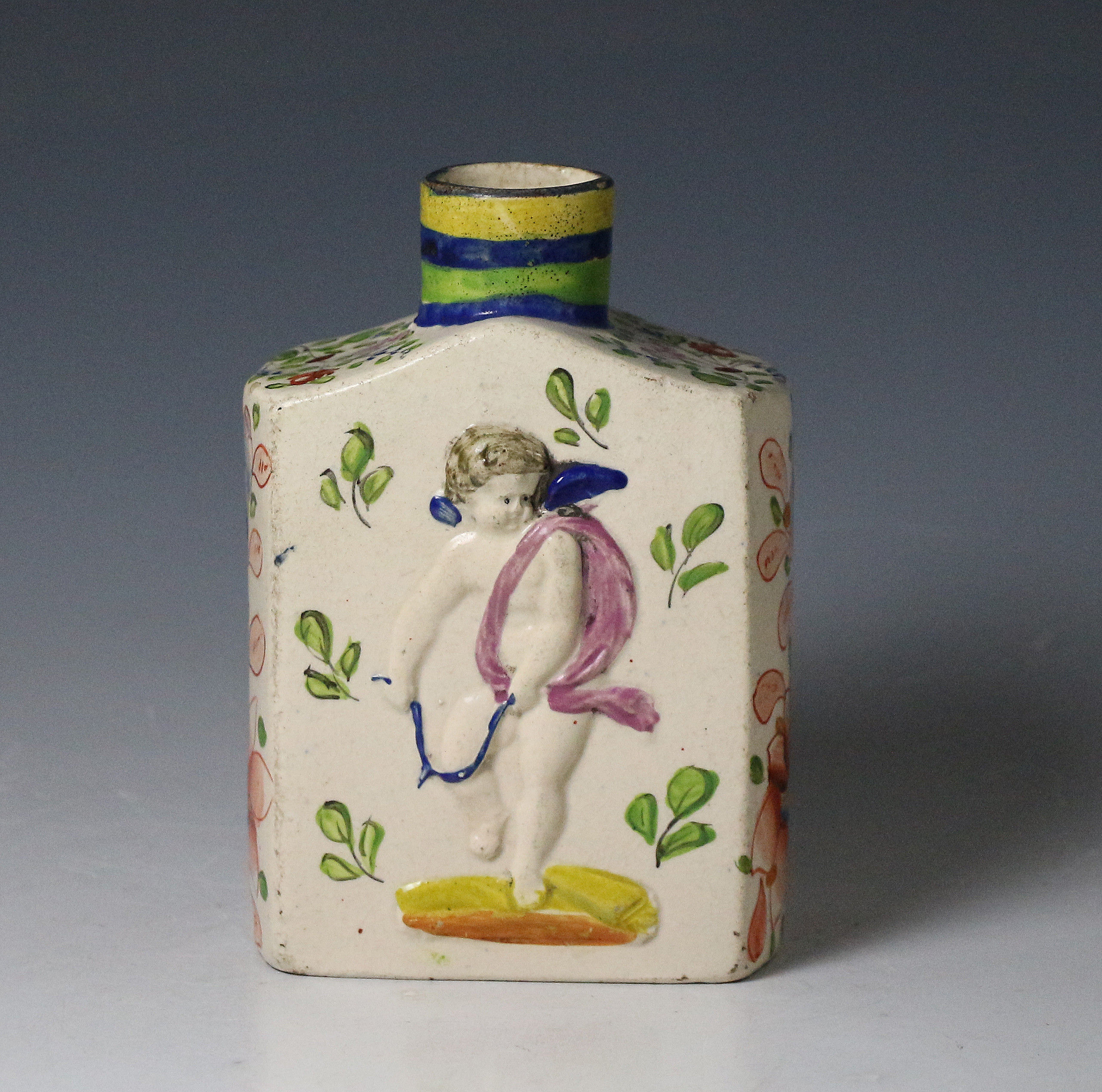 Antique pottery tea caddy canister relief moulded decoarion early 19th century