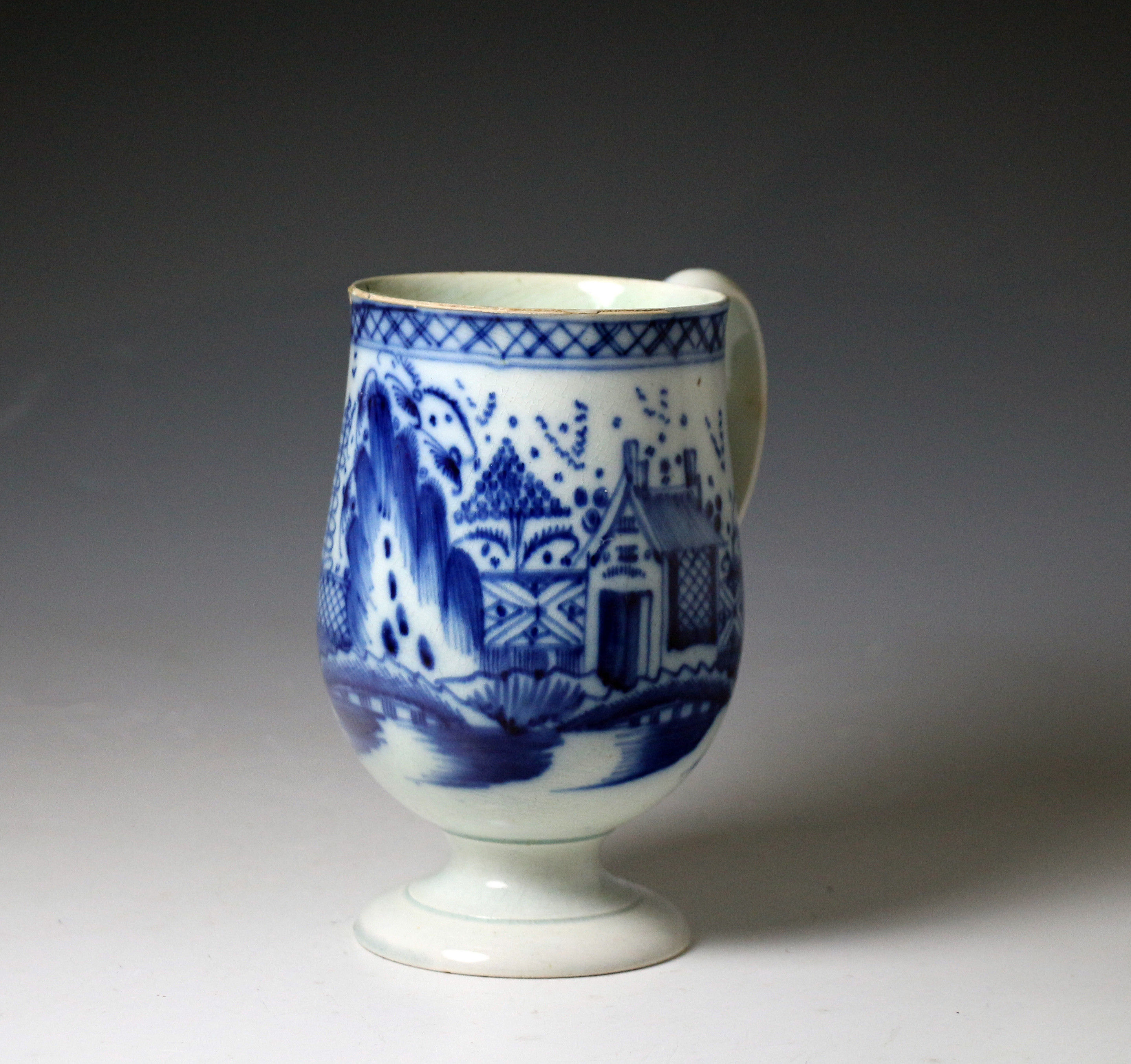 Antique English pottery pearlware mug painted blue with snake surprise circa1800 