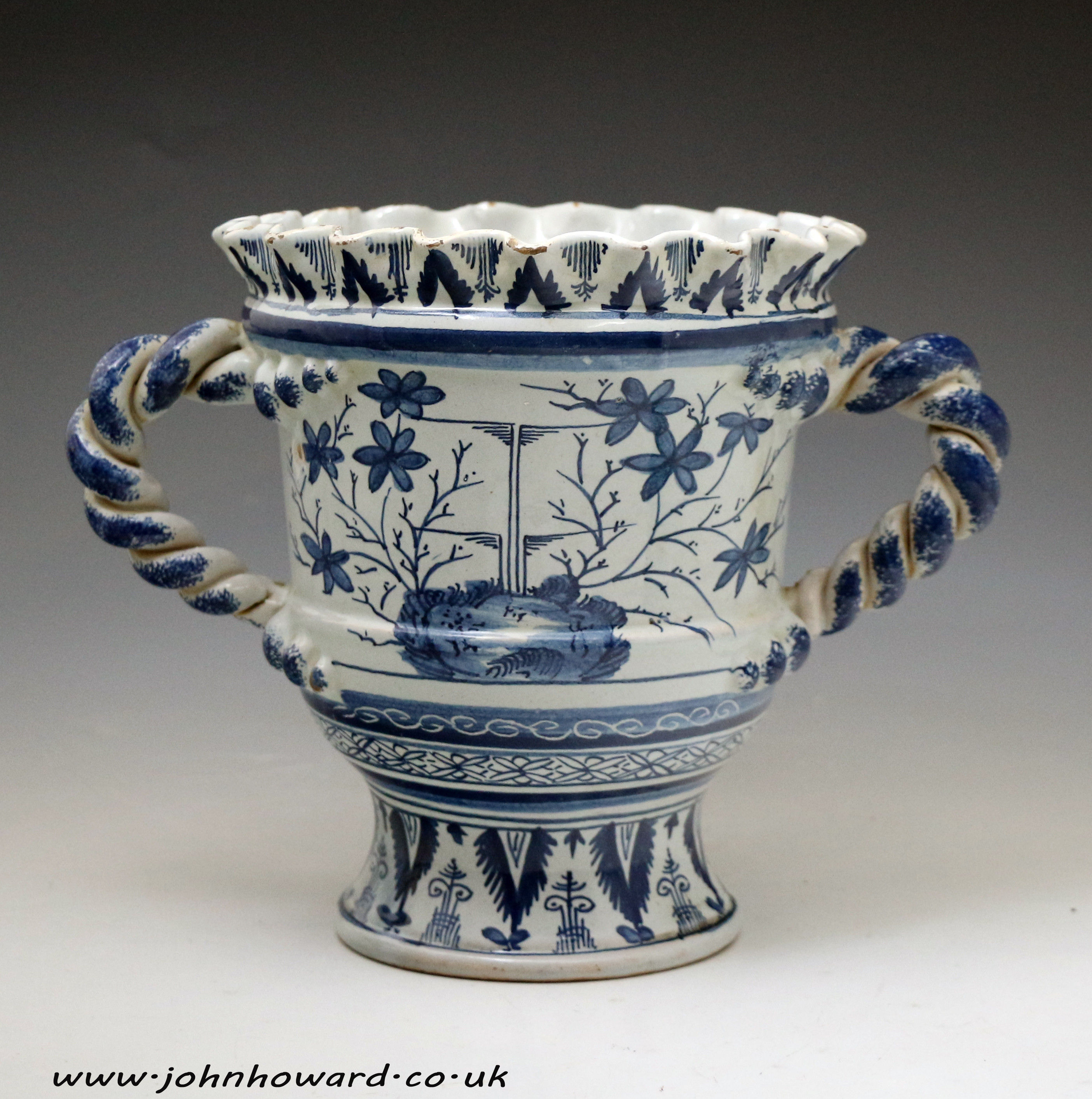English delftware vase with handles Bristol early 18th century