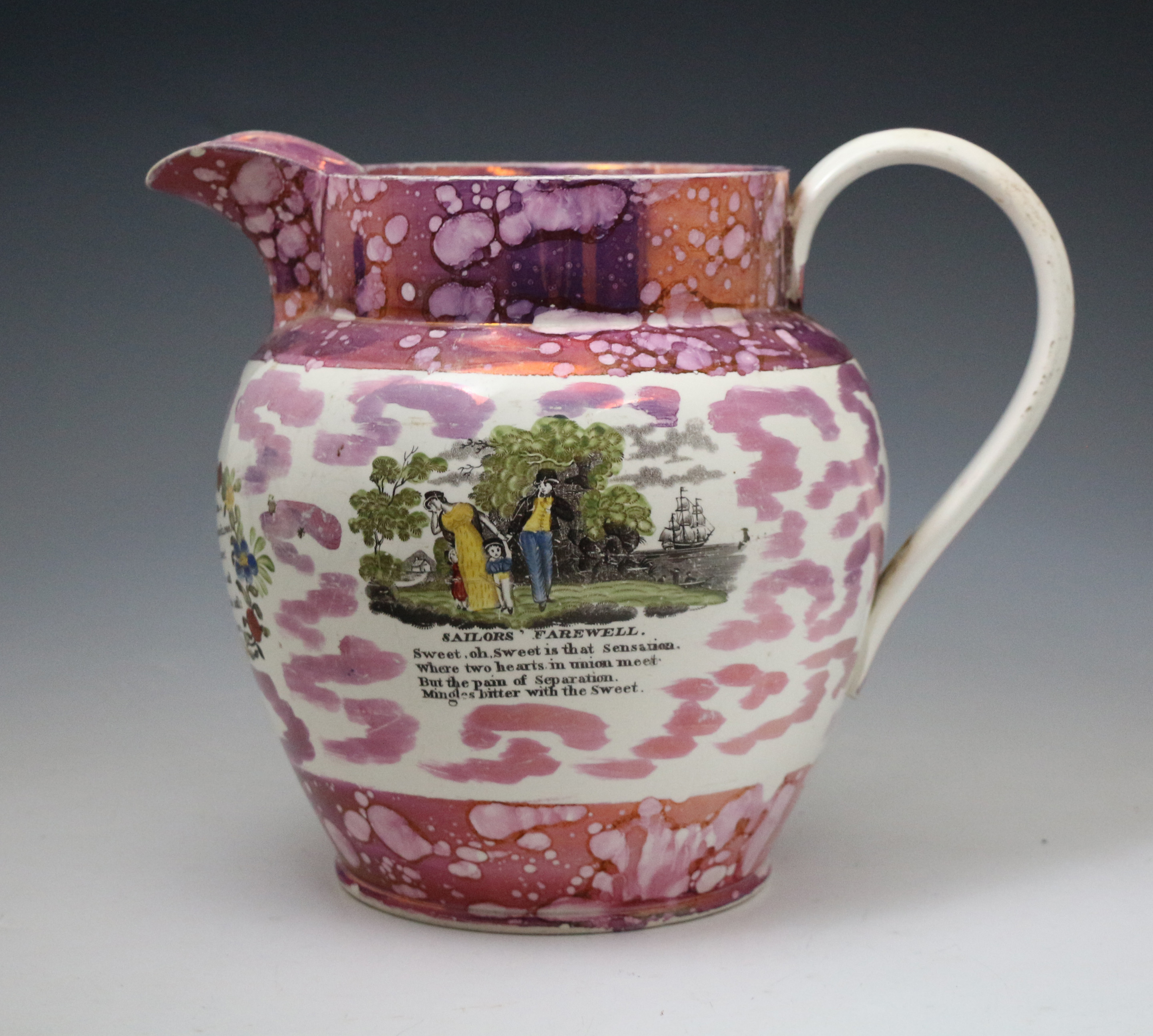Antique English pottery pink lustre jug with nautical themes. early 19th century