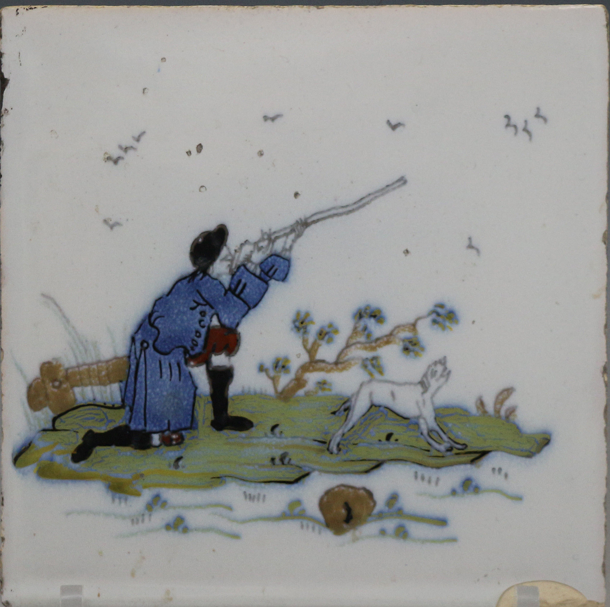 Liverpool delftware pottery tile Fazackerly type mid 18thc Rural sporting with gun dog