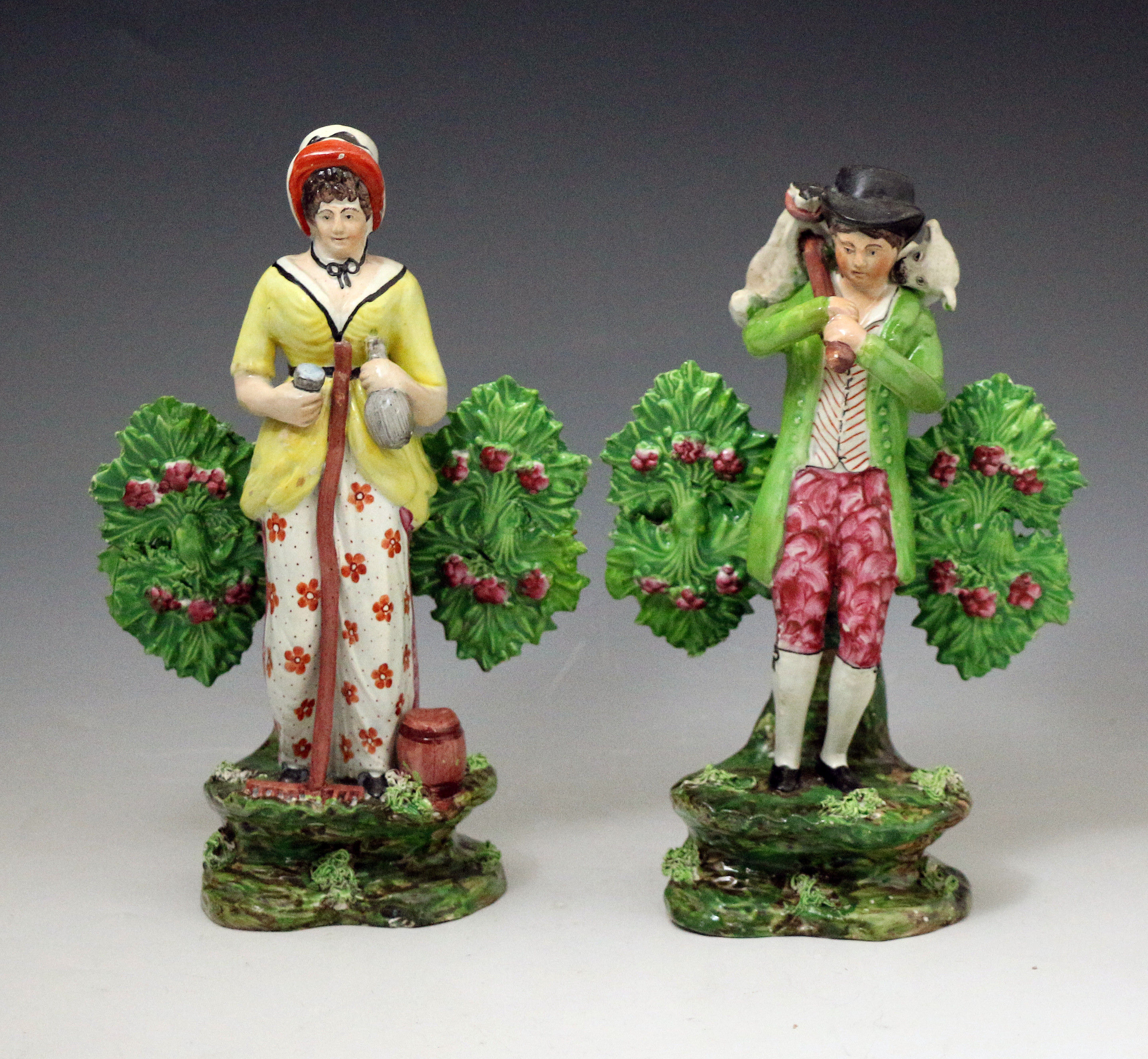Antique Staffordshire pottery pair boage rural figures circa 1820 English