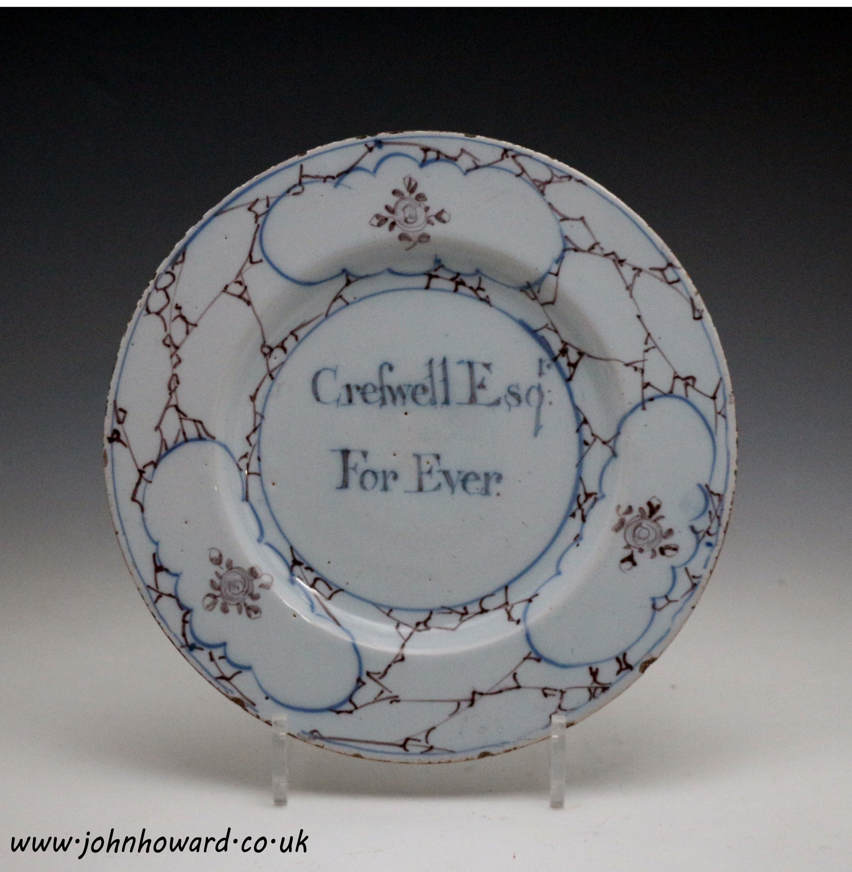 English delftware plate inscribed 