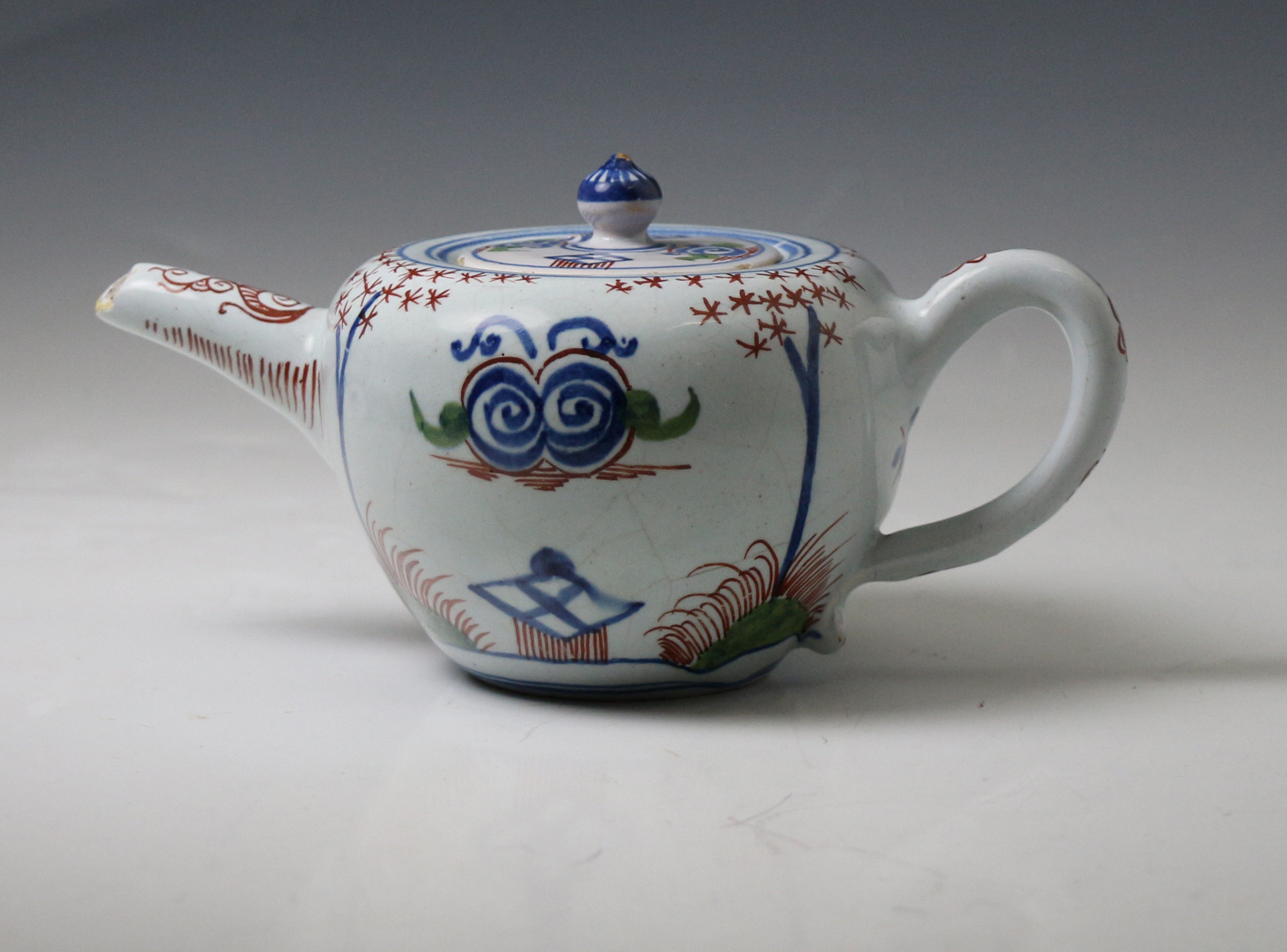 English  delftware teapot polychrome colours London 1720 period