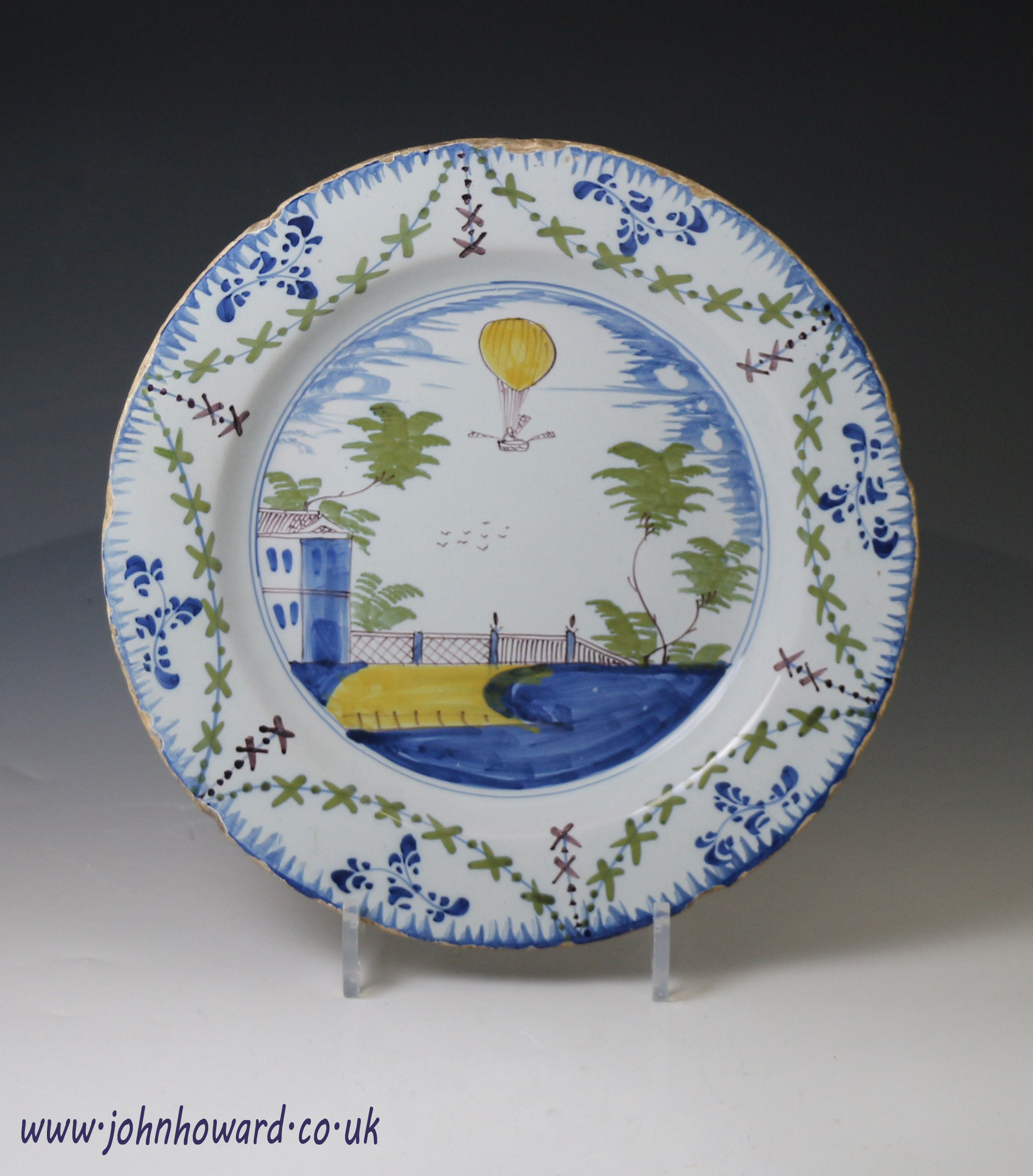 English delftware pottery plate commemorating the balloon accent of Lunardi in 1784