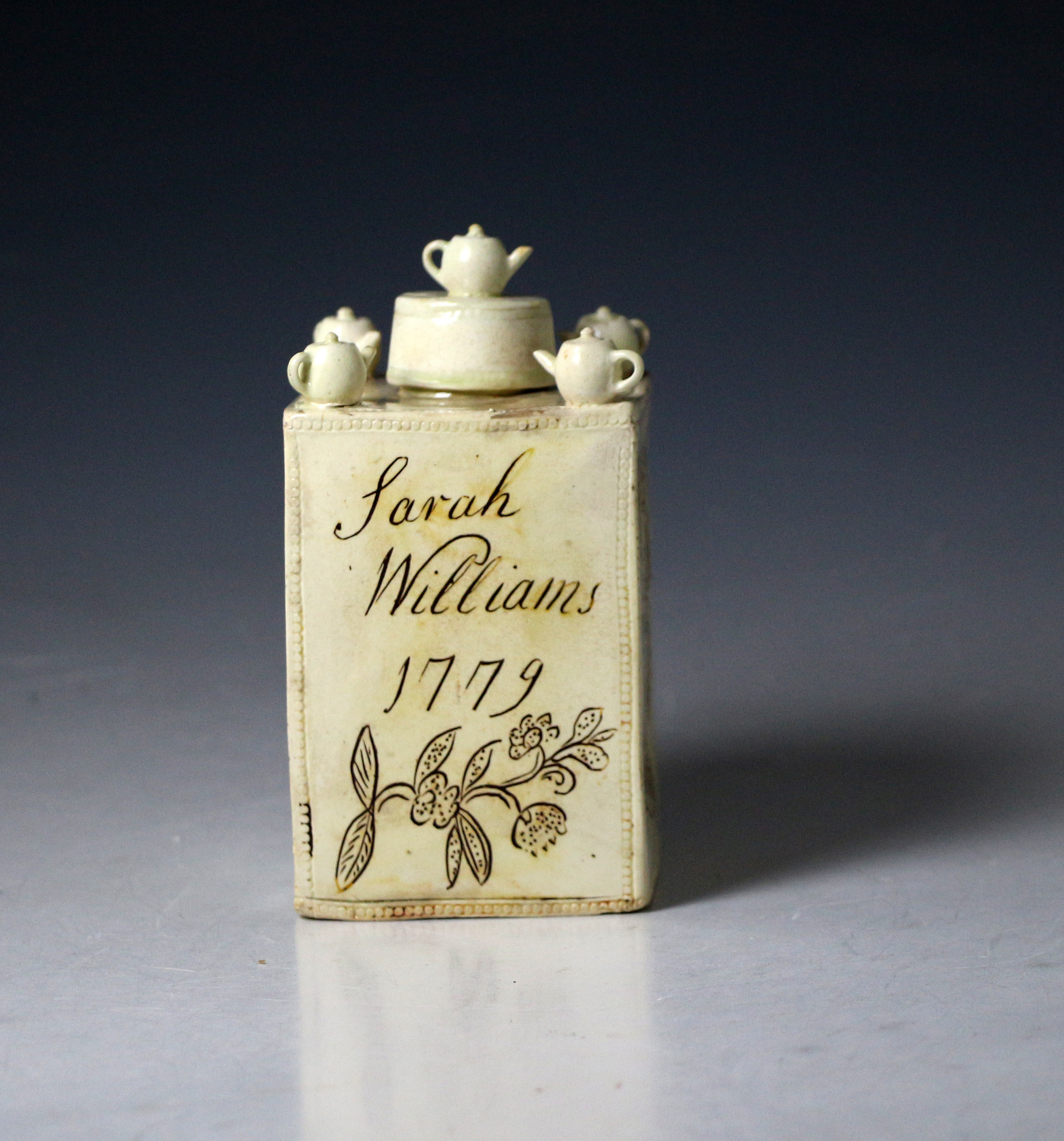 Creamware pottery tea caddy named and dated Sarah Williams 1779
