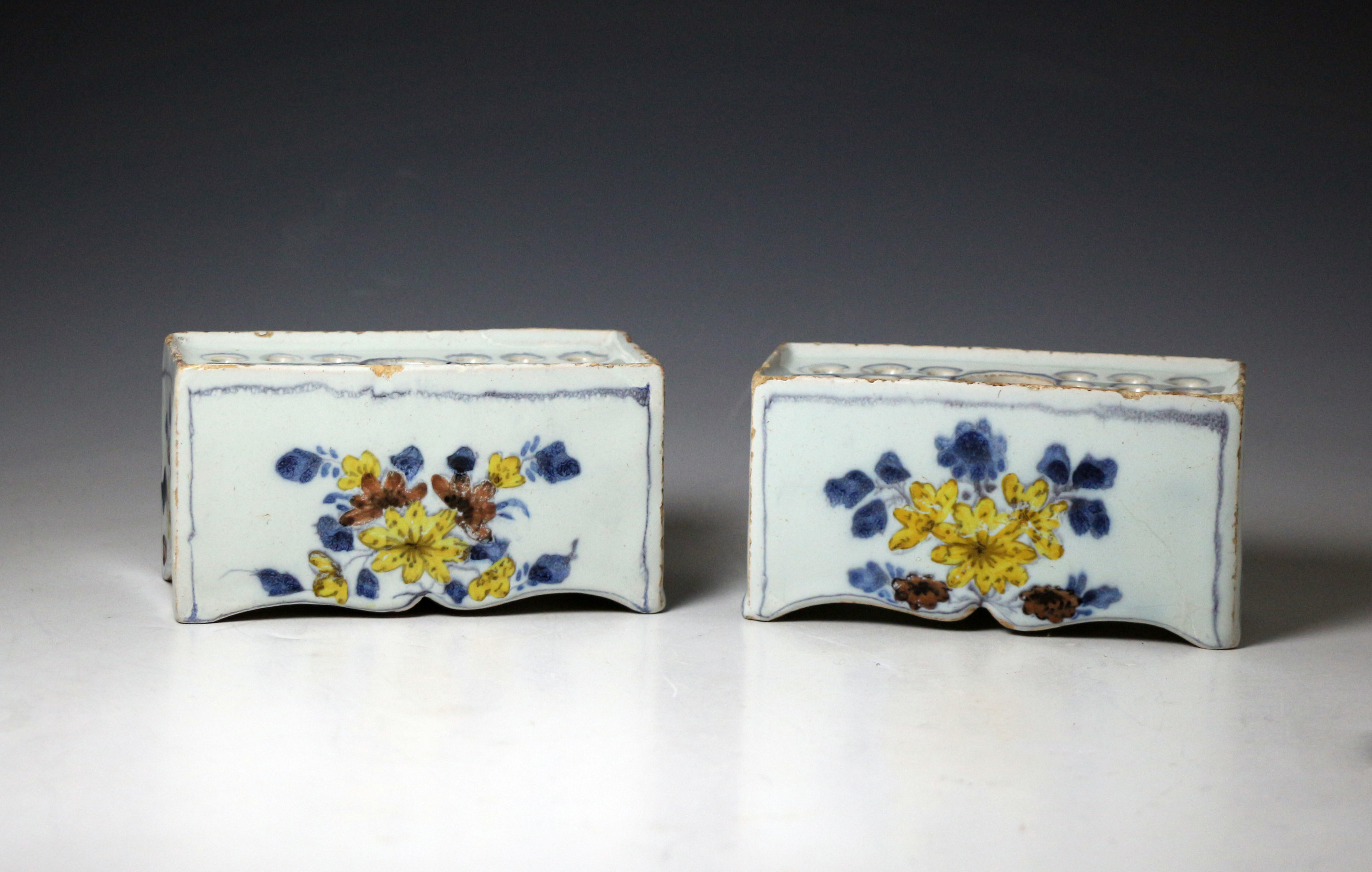 Pair English delftware period flower bricks in polychrome colours mid 18thc.