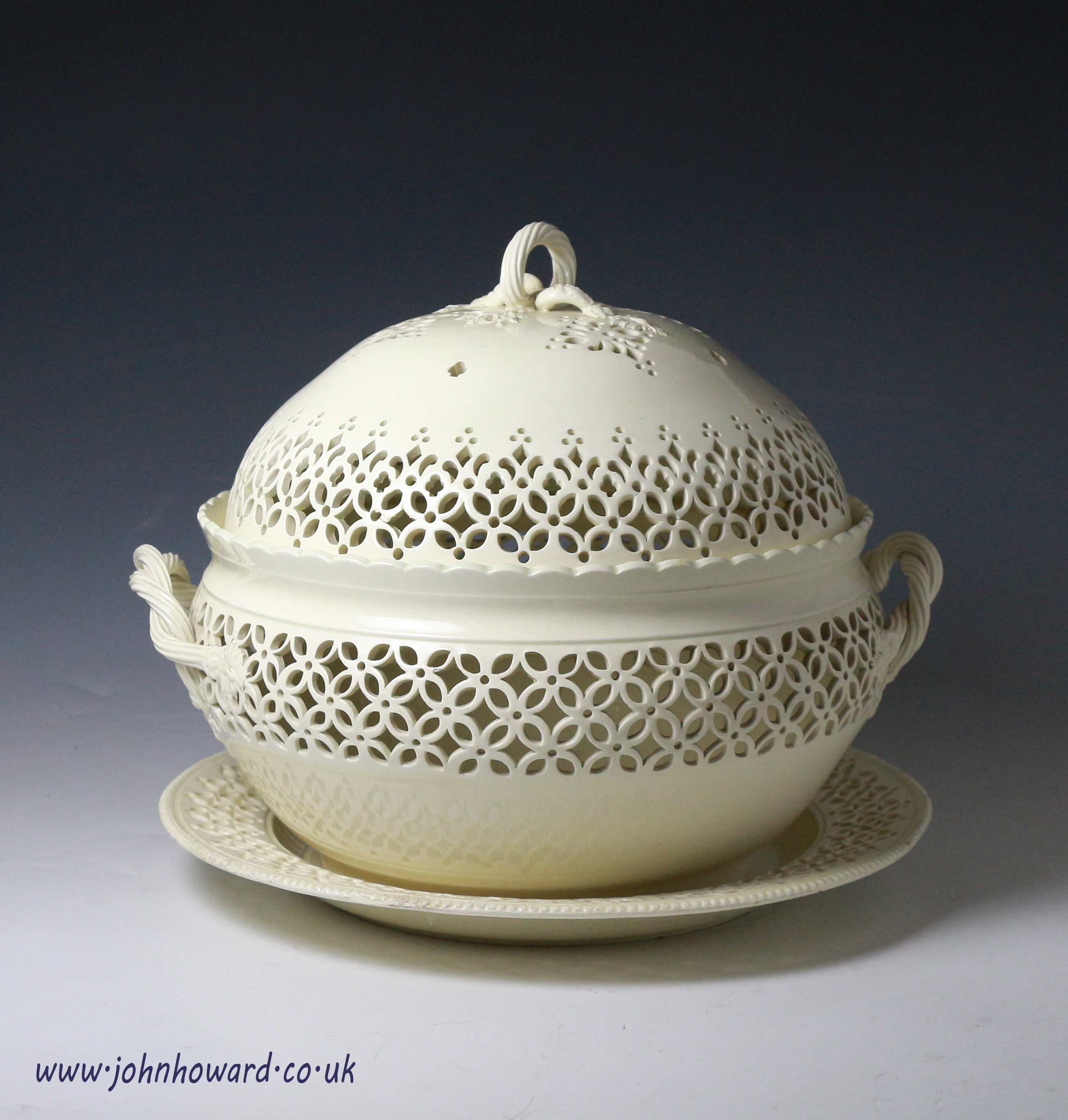 Antique Leeds Creamware pottery basket with cover and stand late 18th century England