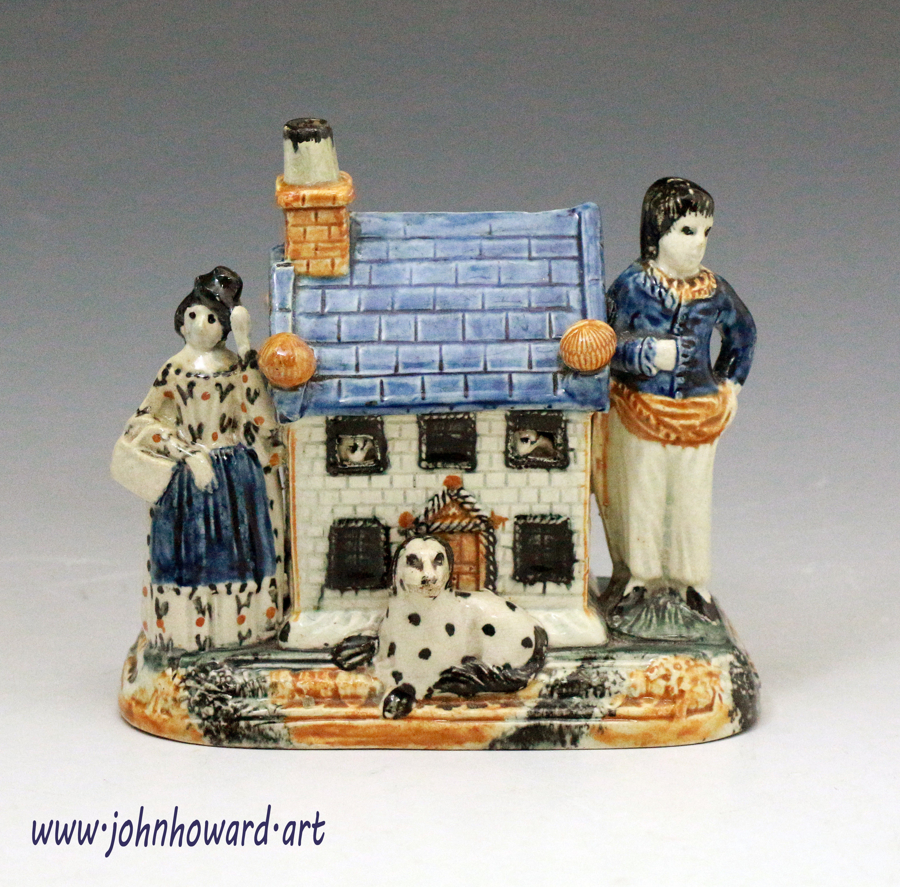 Antique Yorkshire pottery money bank of extraordinary composition Pratt colours early 19th centru England