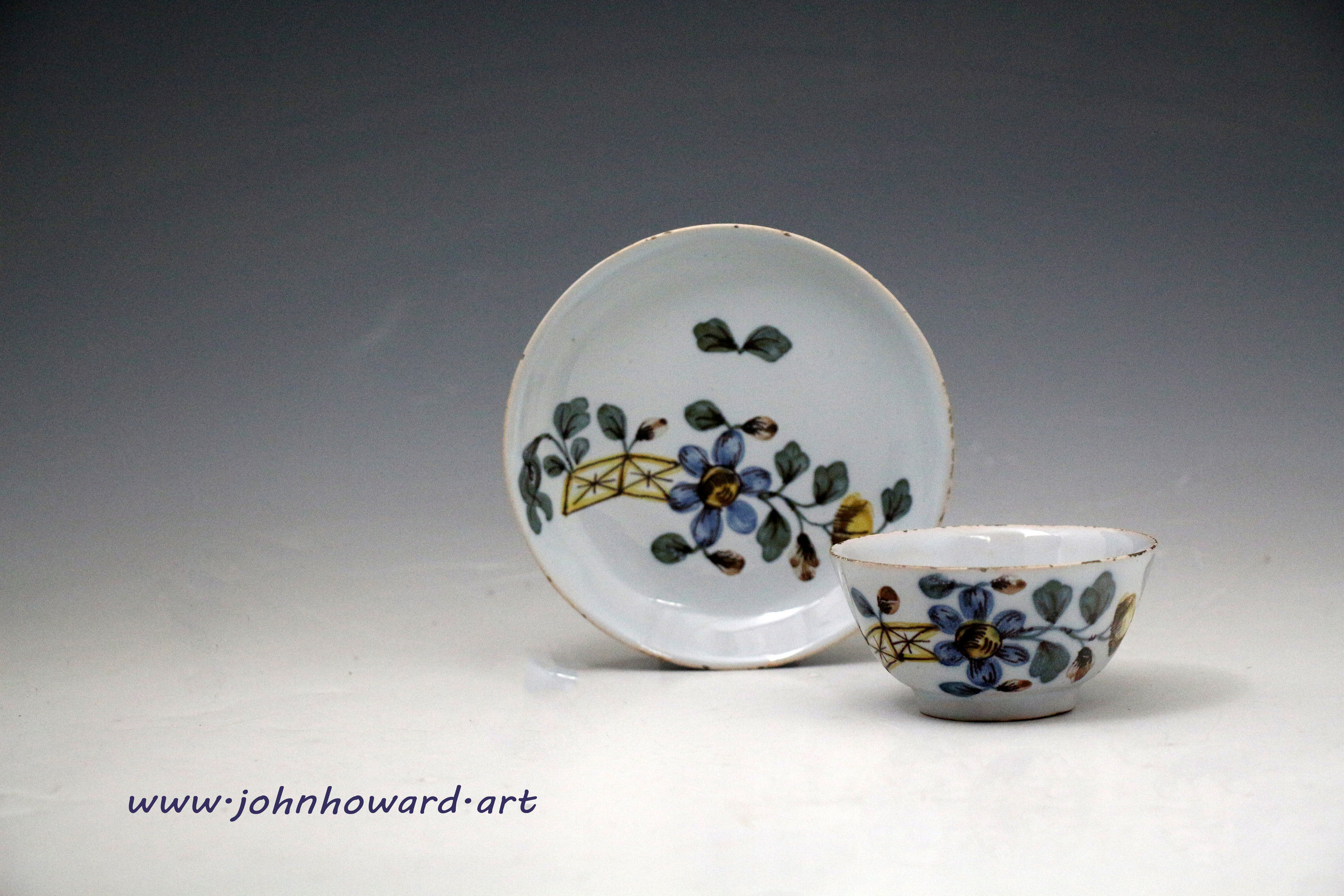 Antique English delftware Liverpool pottery teabowl and saucer mid 18th century