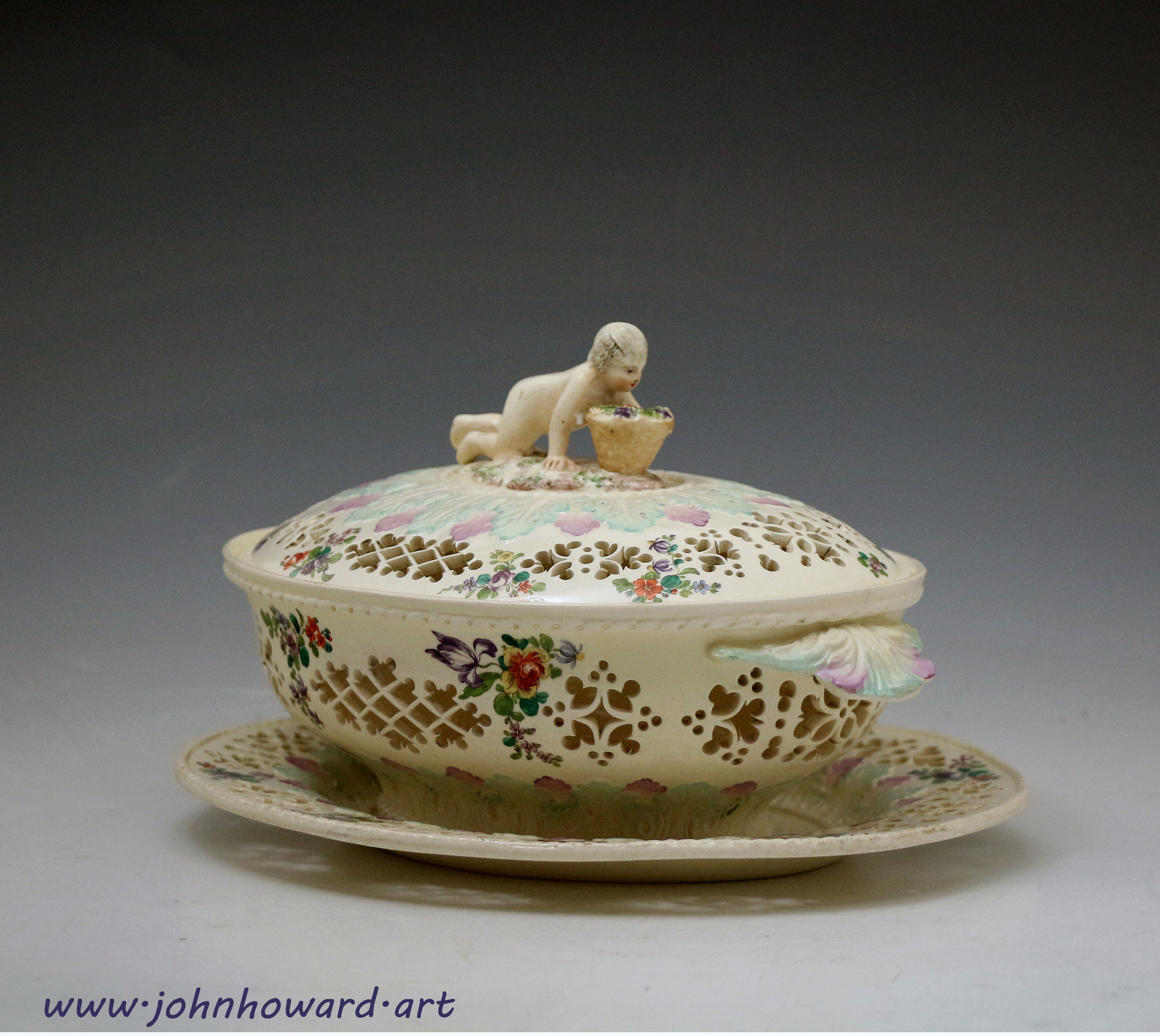 English creamware pottery tureen with cover and stand late 18th century period.