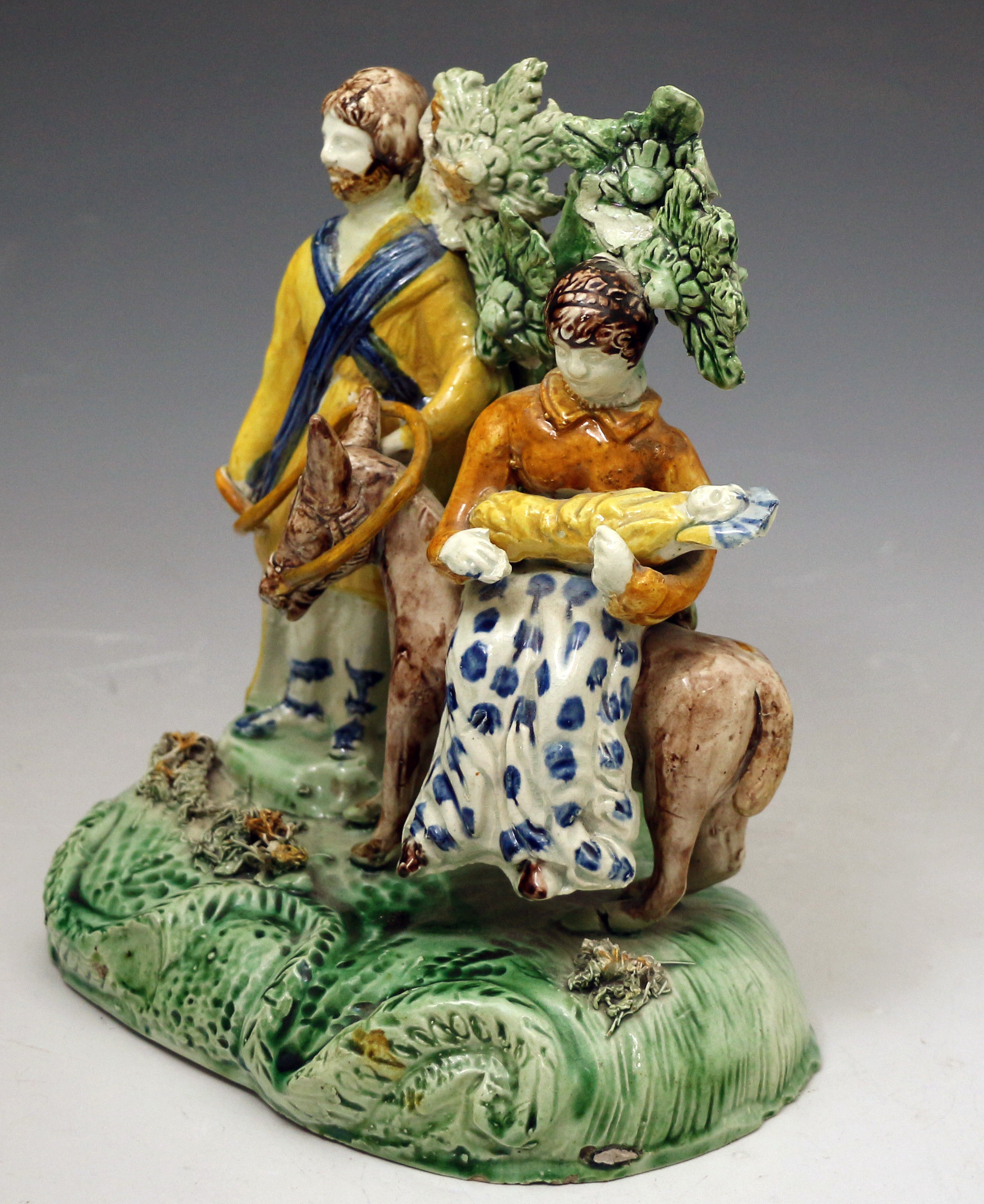 Antique English pottery bocage figure Group Flight to Egypt in Pratt colours