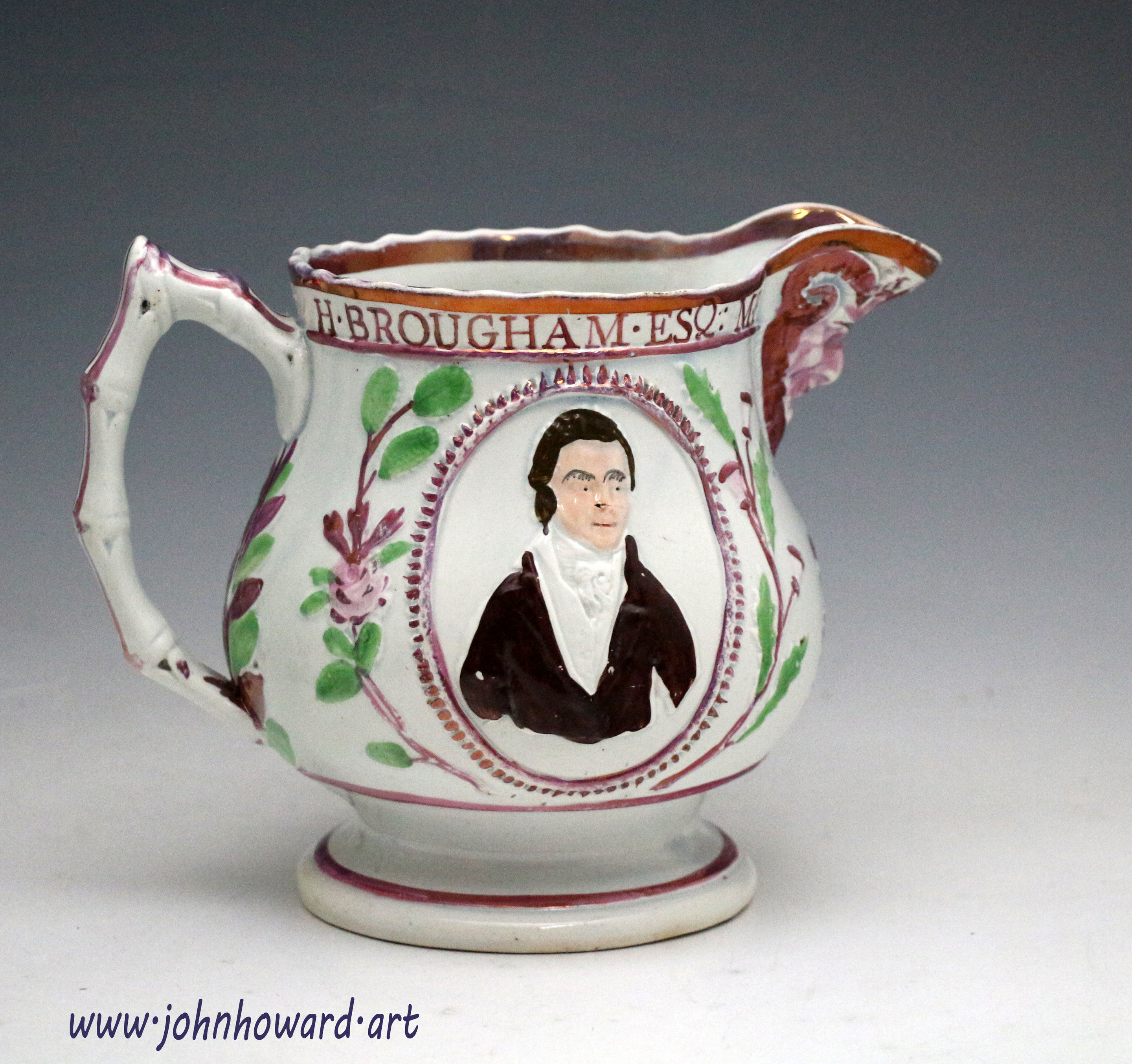 Antique English pottery pink lustre commemorative pitcher Denman and Brougham early 19th century