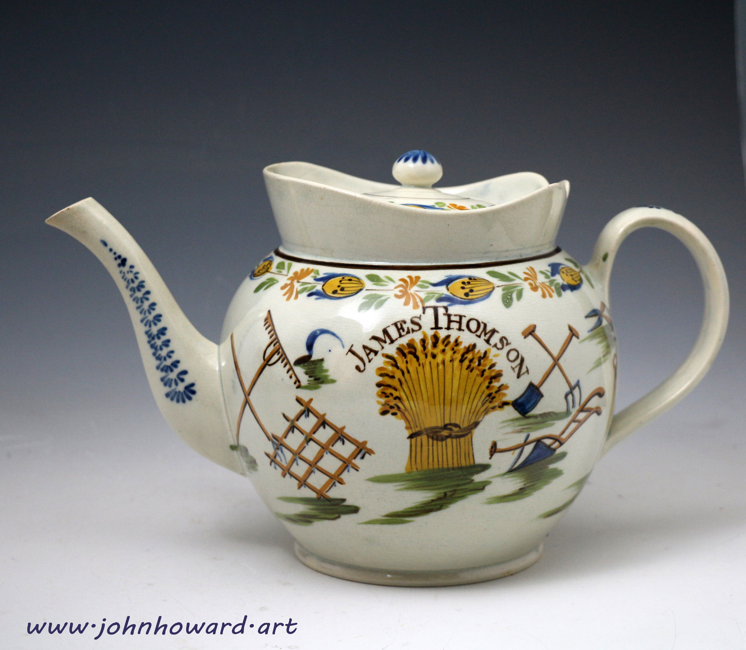 Antique English Prattware pottery Punch Pot with decoarted with farming images and the name James Thomson