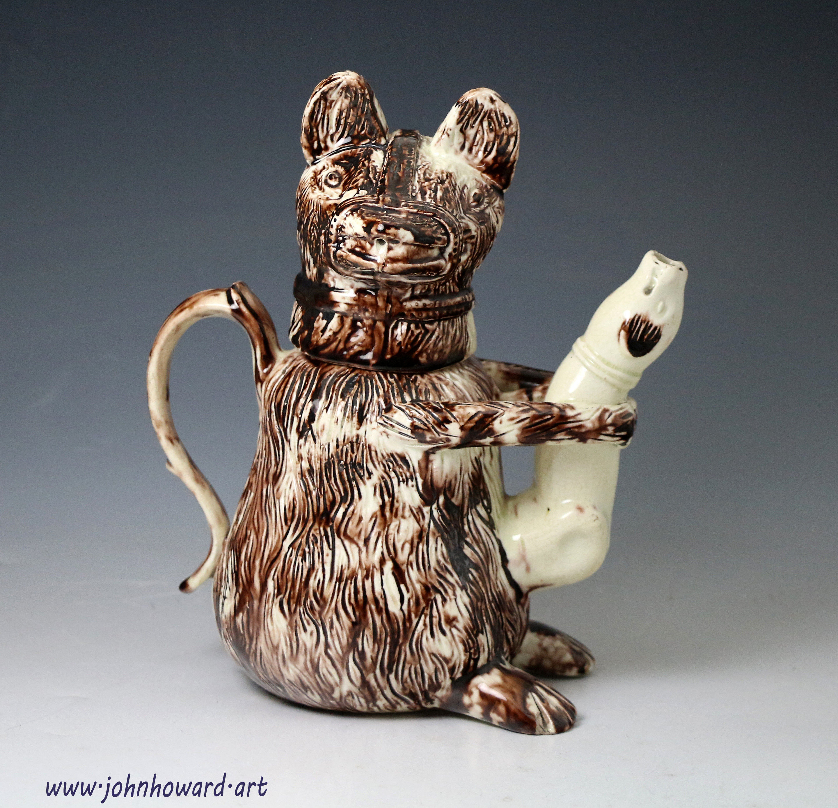 Antique English pottery Whieldon type bear baiting jug Staffordshire circa 1770 period.