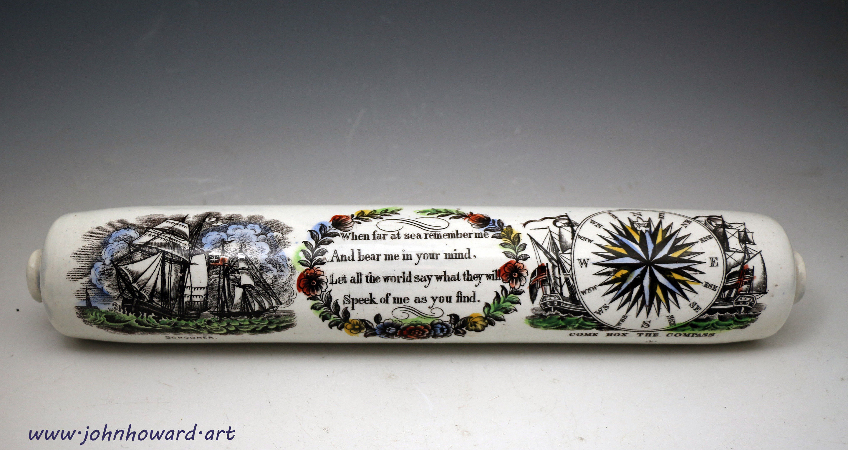 Antique pottery rolling pin with nautical images,  Newcastle or Sunderland Pottery North East England circa 1845 antique period.