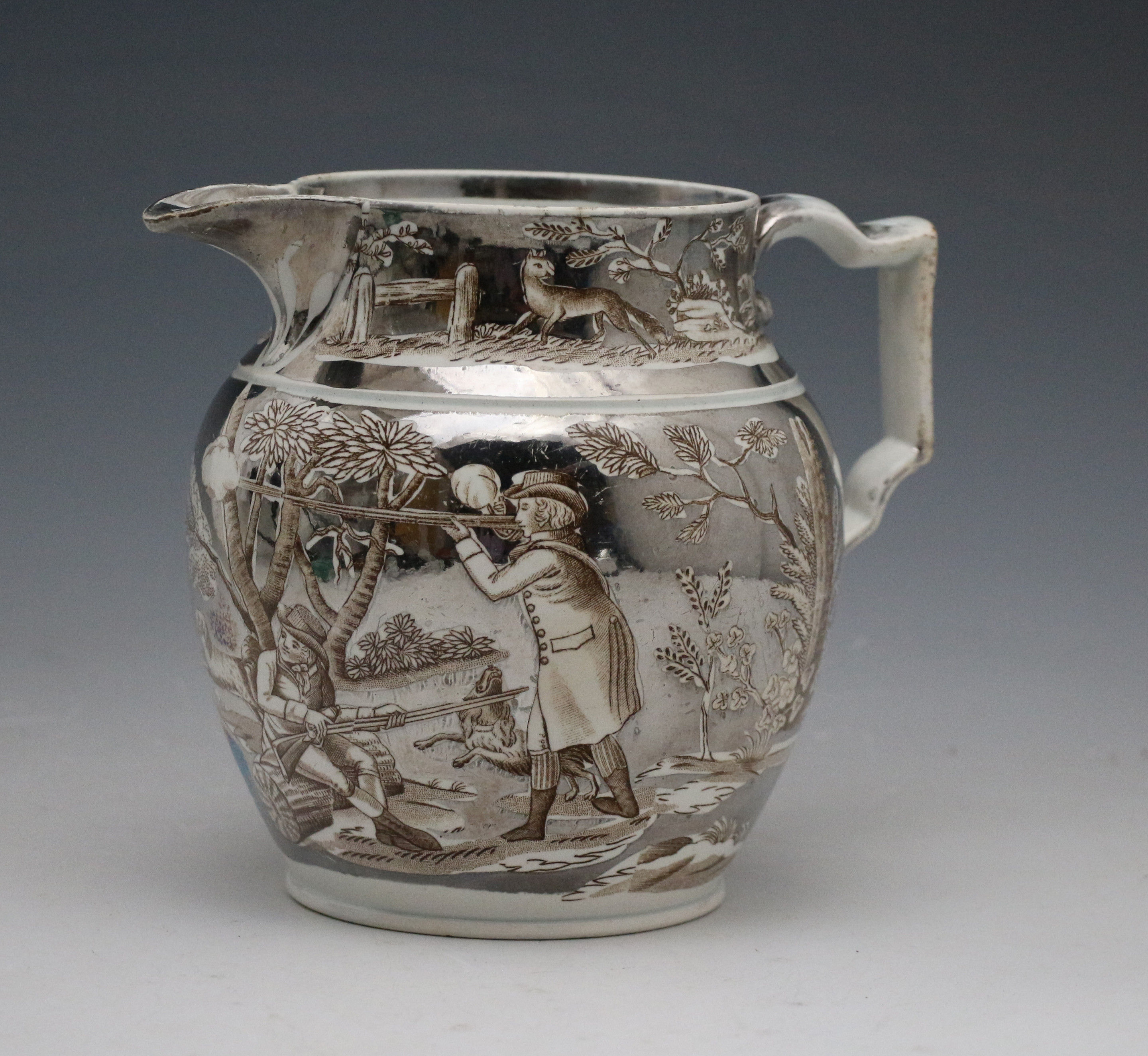 Antique English pottery silver luster pitcher with rural sporting figures circa 1815 period